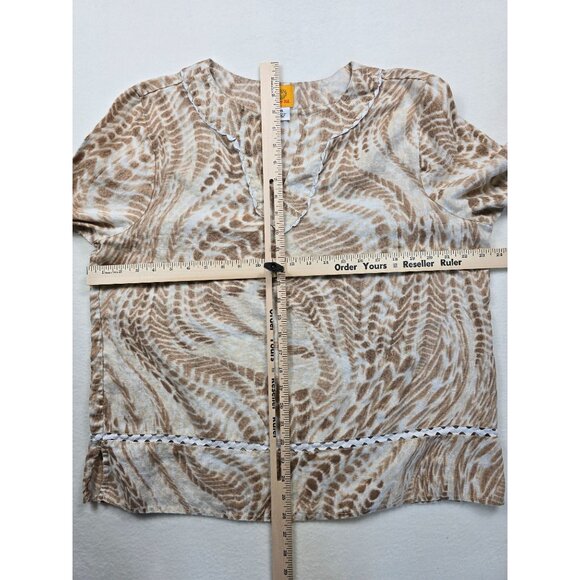Ruby Rd. Womens XL 100% Linen Beige/Brown Printed V-Neck 3/4 Sleeve Top - Picture 3 of 3